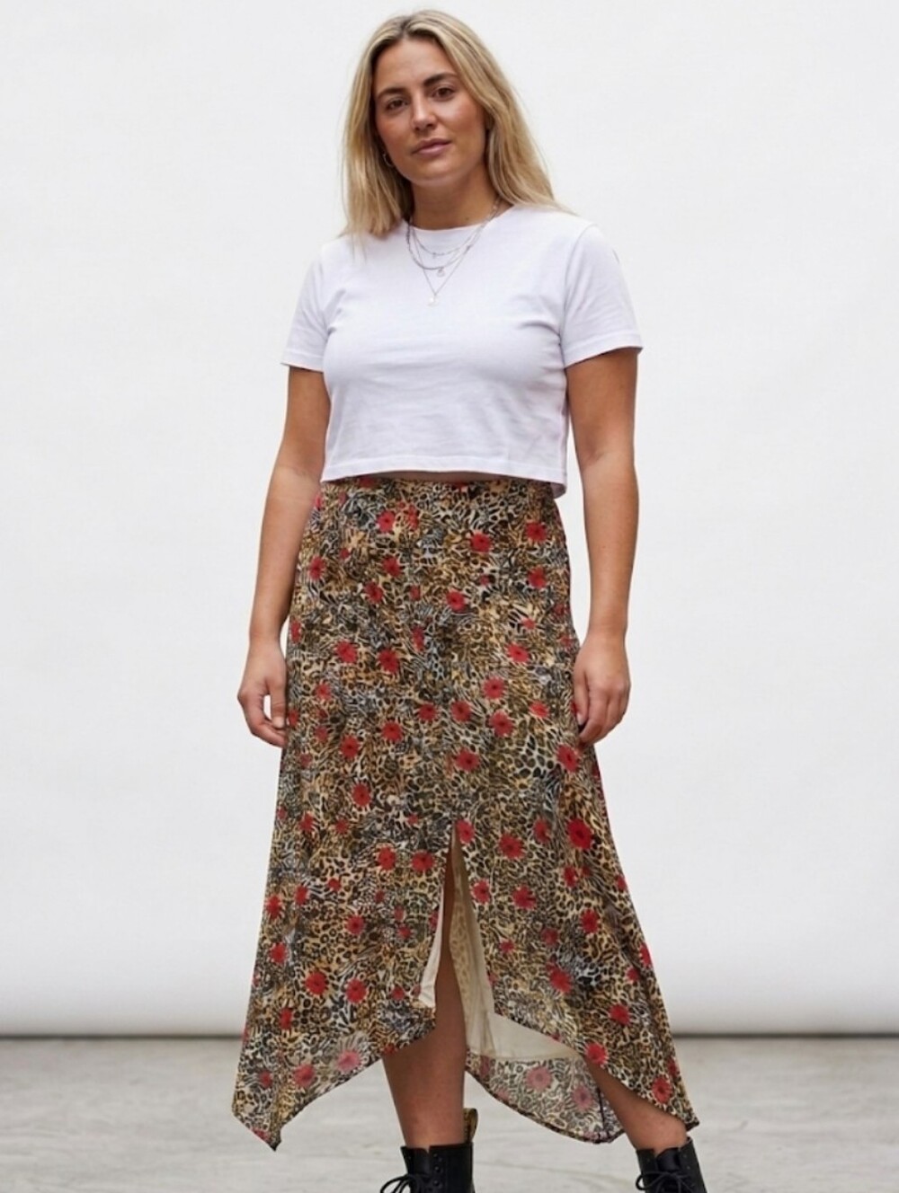 Women's Size Small Statement Skirt Poppy & Leopard Print Midi‎ Skirt Cotton Silk